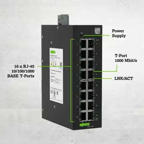 WAGO 16 port ECO Unmanaged Ethernet Switch available now from LED Controls featuring Power Supply LED light, 16 x RJ-45 BASE T-Ports at 1000 mbit/s