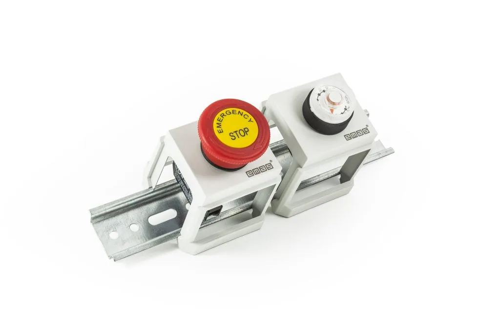 angle of 2 EMAS BARPS installed on a din rail - adapting an emergency stop button and a potentiometer - available now from LED Controls