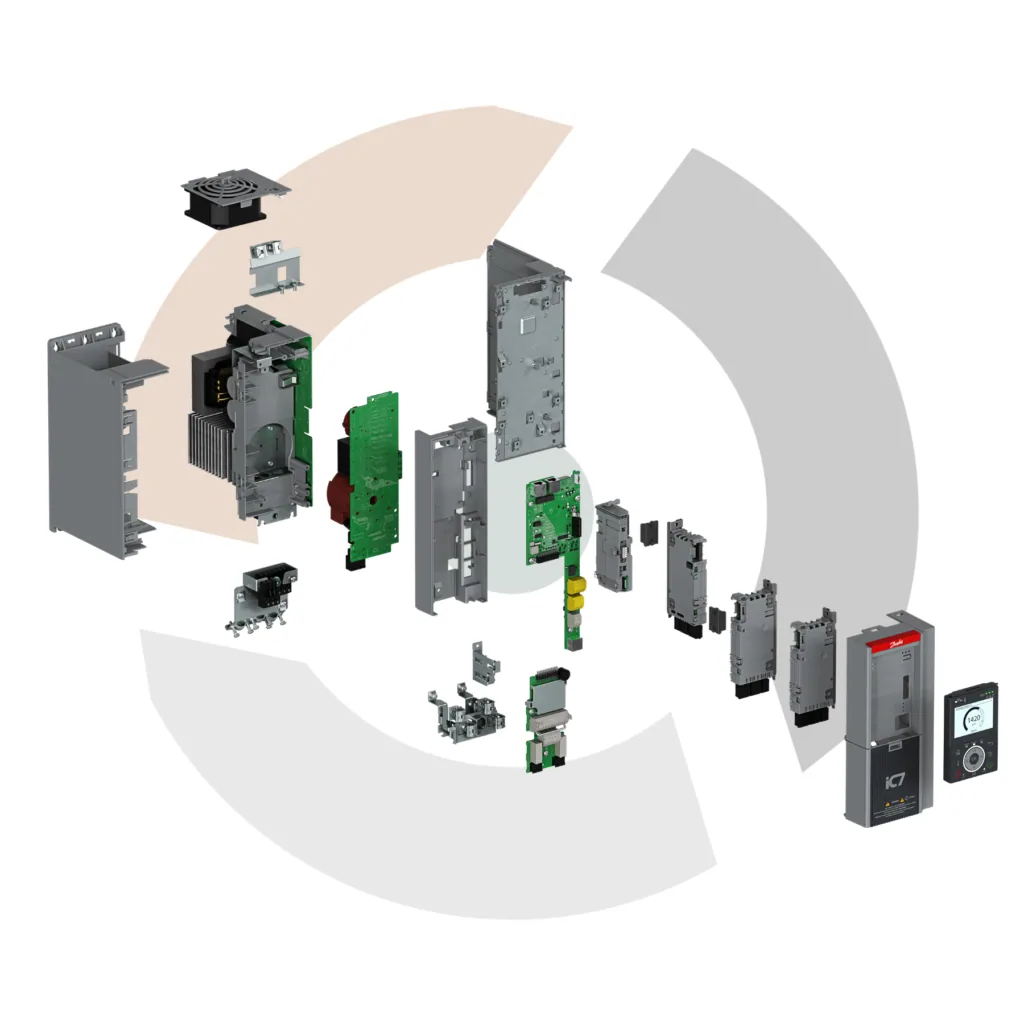 Exploded view of Danfoss Drives iC7 automation available from LED Controls, your Danfoss Authorized Partner.