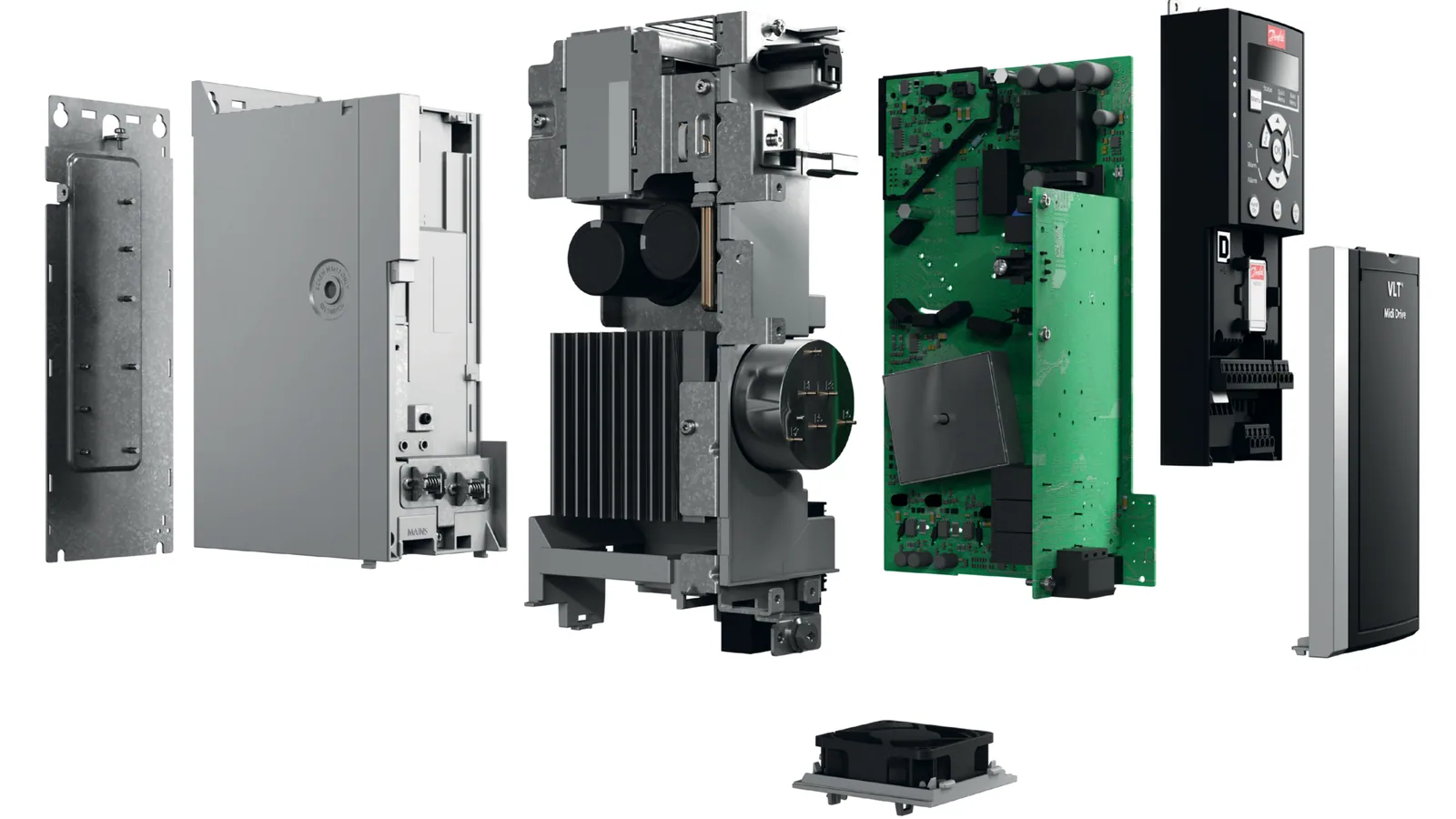 Exploded view of Danfoss Drives FC280 Midi Drive available at LED Controls.