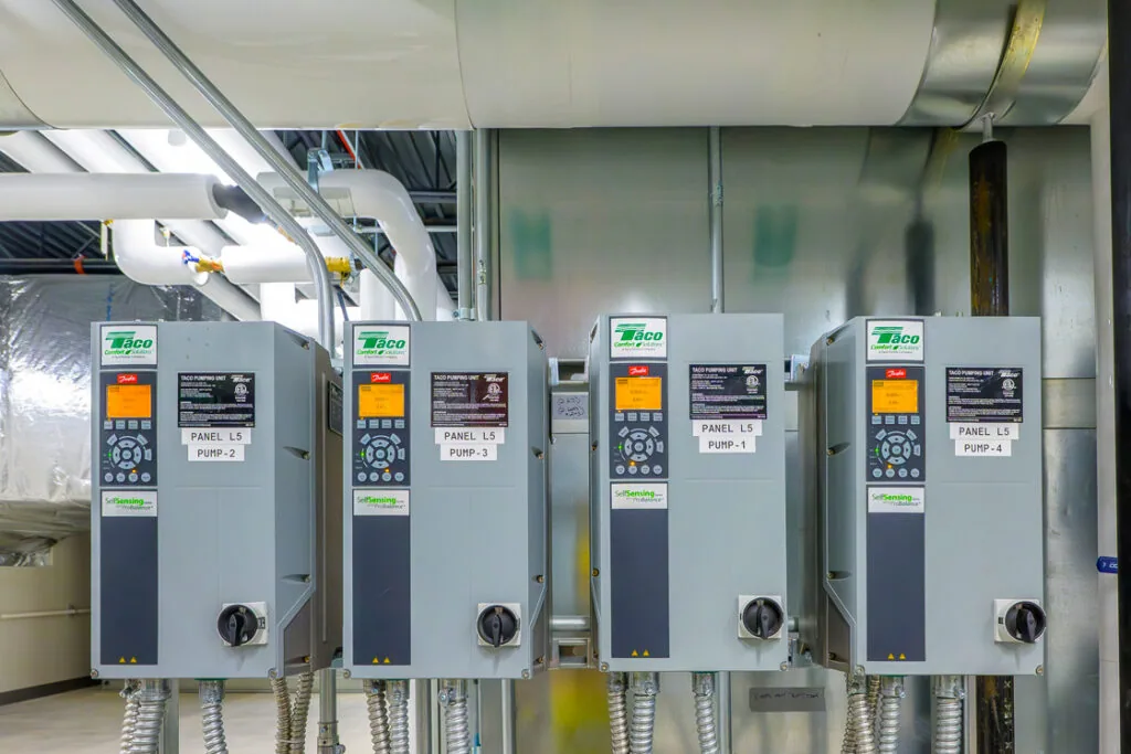 A bank of Danfoss Drives VLT® HVAC Drive FC 102 in use. FC102 Drives are available from Danfoss Authorised Partner LED Controls