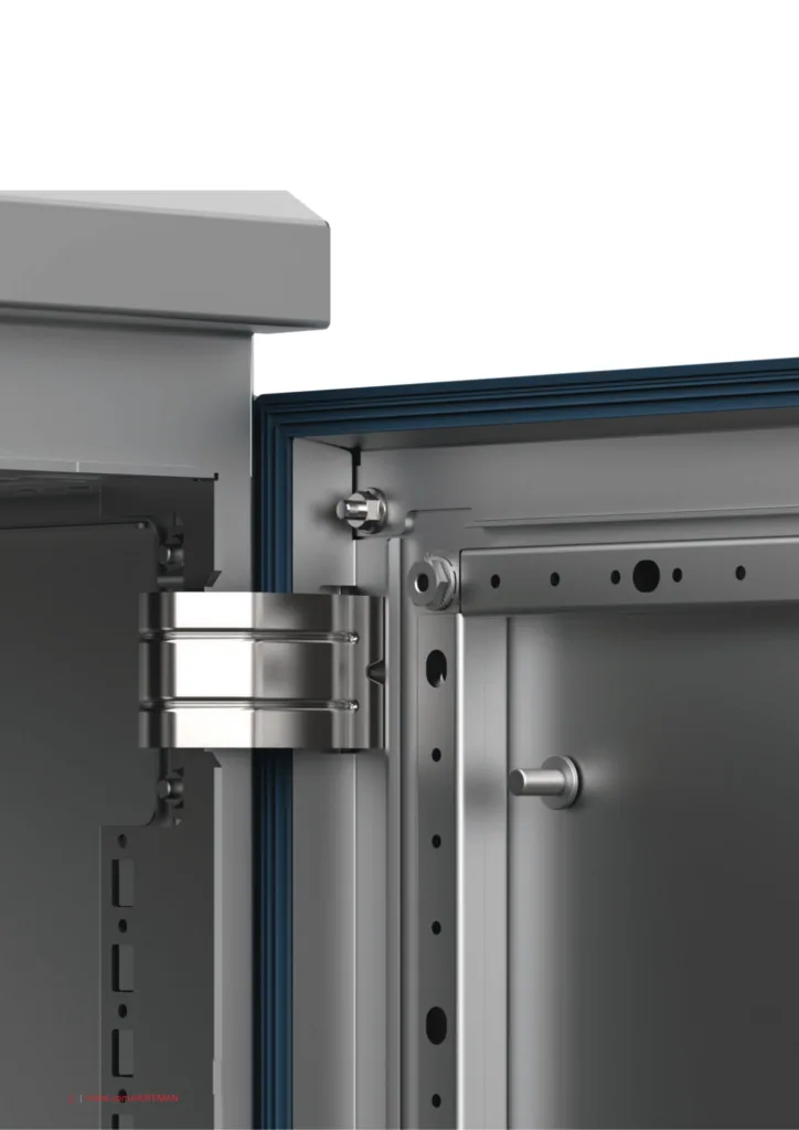 Blue silicone gasket around the door of an nVent HDF Floor-Standing Enclosure available from nVent Hoffman distributor LED Controls.