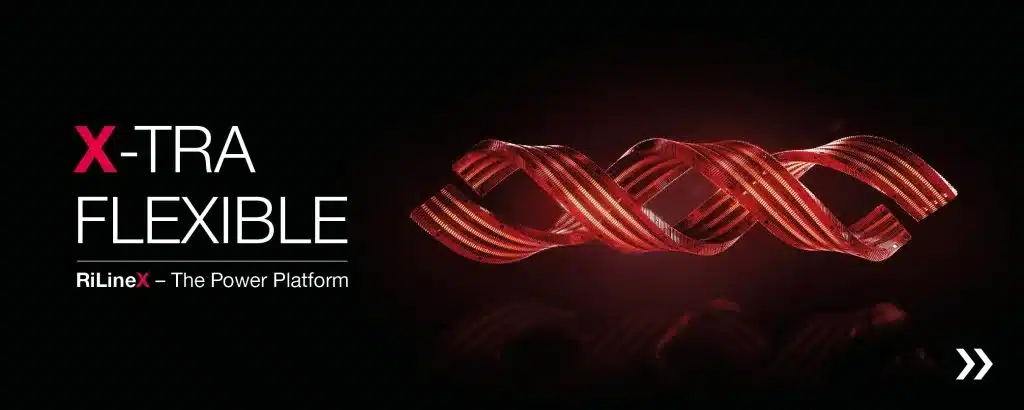 X-TRA FLEXIBLE - RiLineX - The Power Platform. This is a promo poster with an image of the RiLineX busbar twisting like a DNA helix.