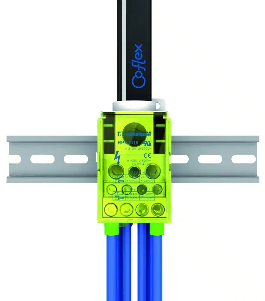 Teknomega distribution block on a din rail