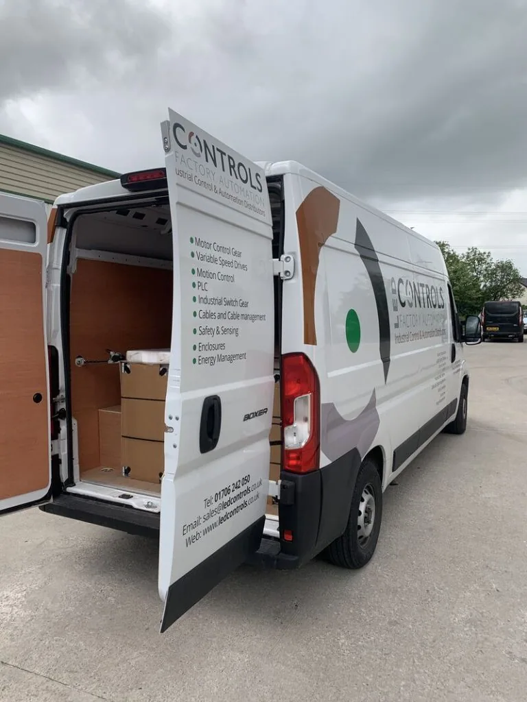 LED Controls branded Van, loaded with goods ready to ship.