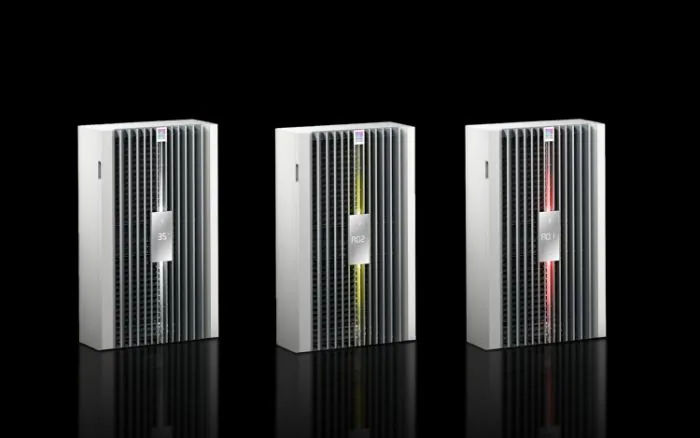 Different colour LED lights on Rittal Blue e+S Cooling Units available from LED Controls.