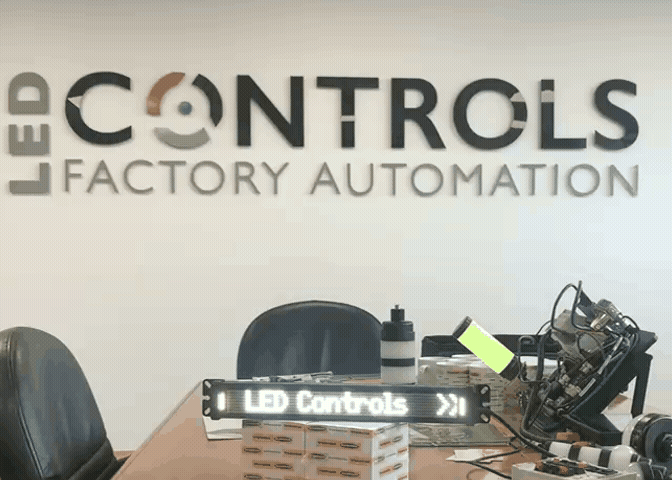 LED Controls Factory Automation sign in the office, with a scrolling LED Controls display