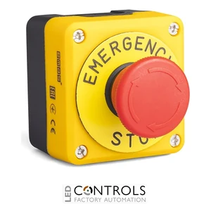 EMAS P1EC304E40K EMAS P SERIES BLACK YELLOW PL SNG BOX 1NO+1NC 40MM EMER STOP RED