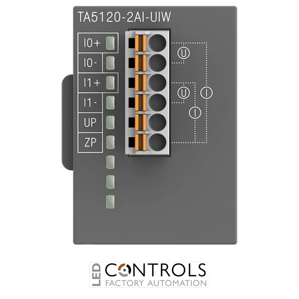 1SAP187100R0201 ABB TA5120-2AI-UIW 2 AI analog input channels U/I, 0 … 10V/0 … 20mA, 6 pole spring/cable front term. 3.50 mm pitch, Wide temperature range.