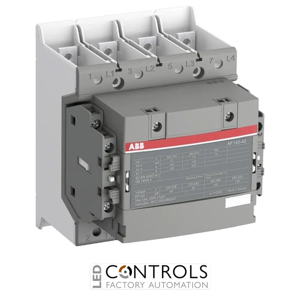 1SFL447102R1322 ABB AF140-40-22B-13 140A 4 Pole 4NO Contactor, 2NO 2NC Auxiliary Contacts, 100-250V AC/DC Coil, Screw Terminals