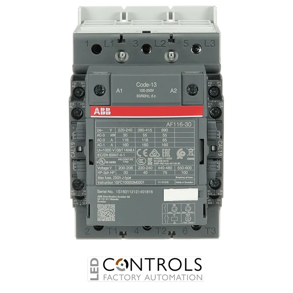 1SFL427001R1322 ABB AF116-30-22-13 3 Pole Contactor 116A 55kW 100-250V AC/DC Coil 2NO + 2NC Auxiliary Contacts