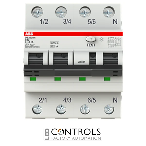 2CSR256140R2324 ABB Residual Current Circuit Breaker with Overcurrent Protection DS203NC - 3P+N - 100 mA - 32 A - C - Type A