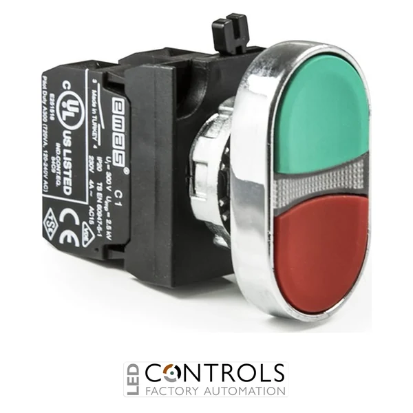 EMAS CM102K20KY EMAS CM DOULE HEAD PUSH BUTTON WITH ADAPTOR 1NO+1NC RED-GREEN WITH NUT