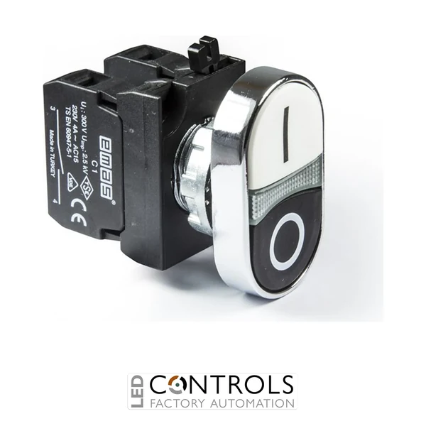 EMAS CM102K20HB EMAS CM DOULE HEAD PUSH BUTTON WITH ADAPTOR 1NO+1NC BLACK WHITE WITH NUT