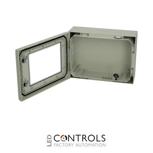 8120142 Fibox ARCA 304015W Cabinet, Polycarbonate Grey cover with window, 2-point locking, hinges on the short side