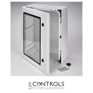 8120131 Fibox ARCA 504021W Cabinet, Polycarbonate Grey cover with window, 2-point locking, hinges on the long side
