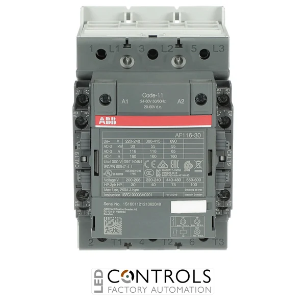 1SFL427001R1122 ABB AF116-30-22-11 3 Pole Contactor 116A 55kW 24-60V AC / 20-60V DC Coil 2NO + 2NC Auxiliary Contacts