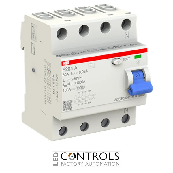 2CSF204101R1800 ABB F204 A-80/0.03 Residual Current Circuit Breaker 4 Pole 80A 30mA Type A RCCB