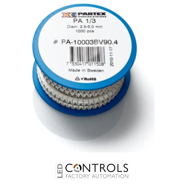 PA1-RBW Partex PA1 Slide-on, chevron cable marker, size C, 2.5–5.0mm cable, Black on White, Reel